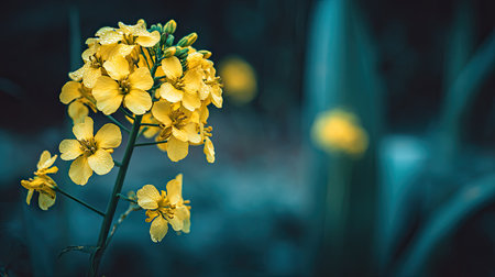 Close-up of a cluster of bright yellow flowers with detailed petals and a green stem. The background is a deep teal blue, slightly out-of-focus.の素材