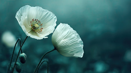 Two elegant white poppies, in sharp focus, with soft-focus teal-colored background,  displaying intricate petals and details of the flower, creating a serene and tranquil image.の素材