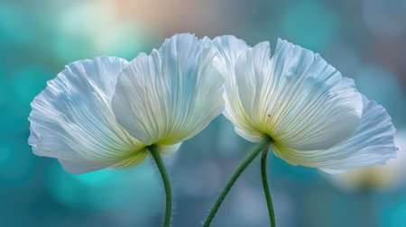 Close-up view of two pale, light-blue flowers with delicate petals, set against a soft, teal-colored background. The petals exhibit a beautiful, intricate texture and a soft gradient of color, emphasizing the fine details.  The image features a shallow depth of field, focusing attention on the flowers while subtly blurring the surrounding areas. The overall impression is one of beauty, tranquility, and the delicate nature of blossoms.の素材