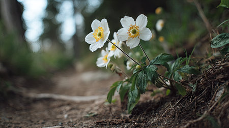 Close-up view of several white anemones with yellow centers growing in the dappled shade of a forest. The flowers are in focus, while the background forest is slightly blurred, highlighting the flowers' delicate beauty and the natural environment. The ground is covered with earthy tones.の素材