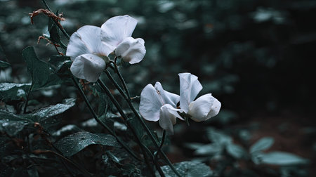 Close-up image of several delicate, white flowers, with a soft focus on the petals, against a backdrop of dark green leaves and a shadowy forest setting. The image shows the intricate detail of the flowers and leaves, with water droplets seeming to cling to the greenery.  The overall tone of the image is moody and evocative, with a sense of quiet beauty.の素材