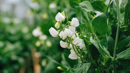 Close-up image of a cluster of white pea flowers with vibrant green leaves and stems. The flowers are in sharp focus, while the background foliage is softly blurred, creating a shallow depth of field.の素材