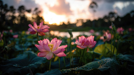 Close-up view of several pink lotus flowers in a pond, illuminated by the warm light of sunset.  The flowers are in various stages of bloom, and the leaves of the lotus plants are visible in the foreground and background.の素材