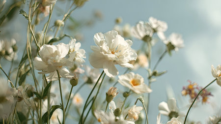 Close-up view of a cluster of delicate white flowers, with soft pastel tones and a light blue sky as a backdrop.  The image showcases the intricate details of the petals and the interplay of light and shadow among the blossoms.  The gentle bokeh effect creates a serene and romantic ambiance.の素材