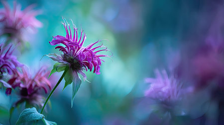 Detailed close-up of a purple flower with soft-focus background of teal and other purple tones. The flower is in sharp focus, showcasing its delicate petals and vibrant purple color. The background is out of focus, creating a dreamy and ethereal effect. The image captures the beauty of nature in a soft and artistic way.の素材