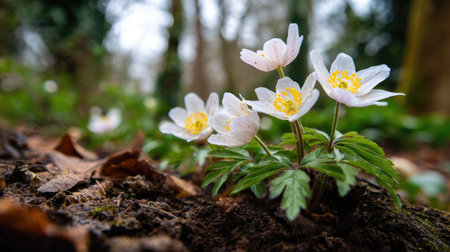 Cluster of delicate, white, springtime flowers with yellow centers, growing from the dark rich earth in a forest setting.  The image is a close-up, showcasing the intricate details of the flowers and their connection to the surrounding natural environment.の素材