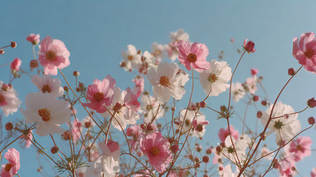 Low angle close-up view of cosmos flowers in various shades of pink and white, blooming against a pale blue sky.  The image showcases the intricate details of the petals and stems, highlighting the vibrant colors and textures of the flowers. The light airy feeling of the image creates a sense of serenity and natural beauty.の素材