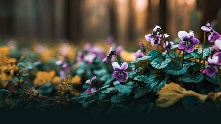 Close-up view of a cluster of purple and white flowers nestled among lush green foliage in a forest setting. The flowers are in sharp focus, while the background forest is softly blurred, creating a peaceful and serene atmosphere. Warm sunlight filters through the trees, illuminating the flowers and highlighting their delicate beauty.  The vibrant colors of the flowers and leaves, along with the soft focus of the background, creates a beautiful and captivating image.の素材