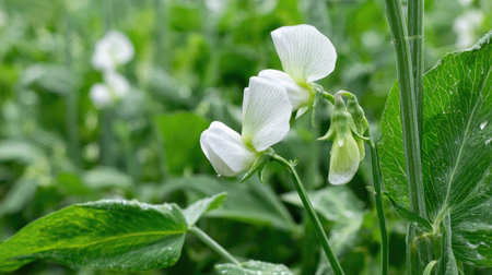 Close-up view of several delicate white pea flowers in a lush, green field of pea plants. The flowers are in various stages of bloom, showcasing soft white petals and vibrant green leaves and stems.  Water droplets are visible on the leaves and petals, suggesting recent moisture. The image captures the natural beauty and detail of the growing plants.の素材