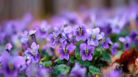 Close-up image of clusters of springtime purple flowers, showcasing their intricate details and vibrant colors.  The soft focus on the background suggests a shallow depth of field technique.の素材