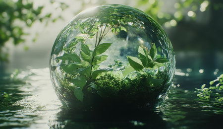 A crystal-clear water sphere containing lush greenery and sunlight, symbolizing the importance of environmental protection for World Wildlife Day. --ar 26:15 --v 6.1 Job ID: 6ae45eef-d3a7-43d2-ab2b-5ed5dd23c25fの素材