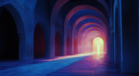 A cinematic still of an arched corridor, with light shining through the arches, in blue and pink tones, in the style of Frank Herbert's Dune. --ar 95:52 --v 6.1 Job ID: 539ec038-c4bc-48f1-8daf-90c69d0e5095の素材