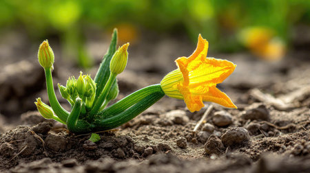 Young zucchini plant with a vibrant yellow and orange flower is prominently featured in the foreground. The plant is growing in rich brown soil, which is textured with small rocks and pebbles. The focus is on the detailed structure of the flower and the delicate leaves of the plant.の素材