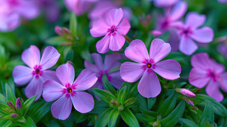 Close-up view of multiple vibrant pink flowers.  The image highlights the intricate details of the petals and the surrounding green foliage. The soft lighting creates a visually appealing scene, capturing the beauty of nature in a detailed macro shot.の素材