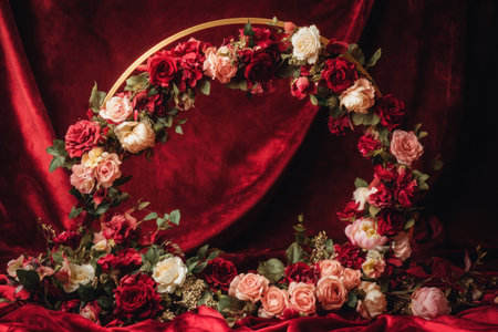 The circular frame is decorated with red and gold flowers, and the background color of the wreath has an abstract effect, creating a romantic atmosphere for a wedding photo shoot studio. The flowers on it include roses in various colors such as burgundy, dark pink, light yellow, and white, creating a sense of depth. In front of them stands a golden stand, surrounded by soft red velvet fabric. This composition creates a warm and festive mood. --ar 3:2 --v 6.1 Job ID: 8e90521e-0962-4579-bfc8-985858760c47の素材