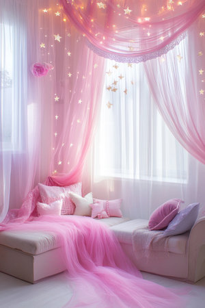 Pink sheer curtains with stars, soft pink and white room background, window curtain, curtain corner, small sofa next to the bed in front of it, light shining through the window, pink tulle hanging on the edge of the curtains, dreamy romantic style, high definition photography, ultra-high resolution, high detail, high quality --ar 2:3 --v 6.1 Job ID: d4ad00d5-6e50-408e-854f-461d1b698614の素材