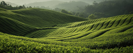 A serene landscape of rolling green hills, each one shaped like the patterned lines on an old-fashioned tea leaf. The soft lighting accentuates their natural curves and creates a tranquil atmosphere. High resolution, capturing the beauty in every detail. --ar 5:2 --v 6.1 Job ID: 1409b0e3-77d6-4df9-a06e-b64003b81abaの素材