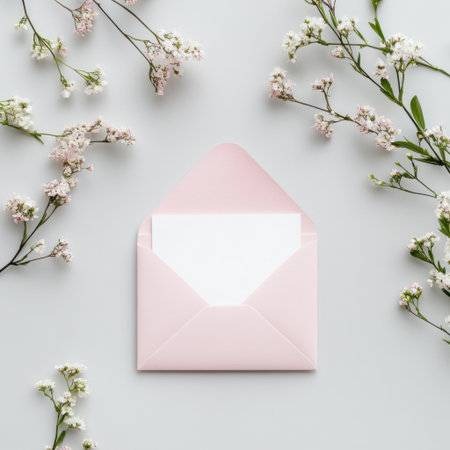 An overhead shot of an open pink envelope with a white blank card and delicate spring flowers on a light grey background, a flat lay, a mockup stock photo, a minimalistic aesthetic template, a copy space concept. --v 6.1 Job ID: 974159b8-665f-4699-ad8e-6edc8b0870bfの素材