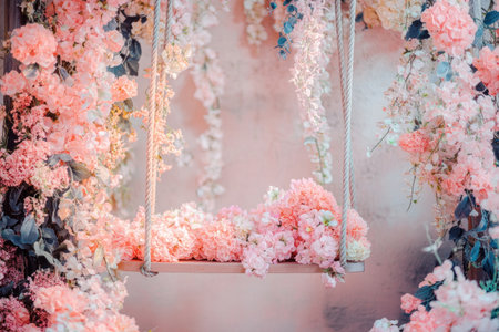 Floral swing, pastel pink colors, flowers everywhere, backdrop for photography, detailed composition. --ar 3:2 --v 6.1 Job ID: a37262f7-7aa8-400f-a46c-b829367587c4の素材