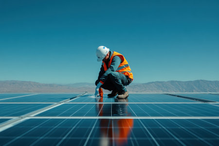 A worker in an orange vest and white helmet crouches on the roof of solar panels, cleaning them with water from his hand. The blue sky is clear behind him. Photorealistic photo taken by Sony Alpha A7 III camera with natural lighting and sharp focus --ar 3:2 --v 6.1 Job ID: 30d7fdcd-940e-4613-abab-f909d80382f2の素材