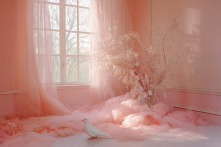 Fashion photography in an empty room with pink walls and curtains. The floor is covered in tulle fabrics and flowers. A small white bird sits on top of them. A window showing the outside is behind it. There's a large pastel tree made out of feathers inside a vase on one side of the wall. Soft light from the windows creates a romantic, dreamy, and moody atmosphere, perfect for an editorial photography shoot. --ar 3:2 --v 6.1 Job ID: c9cb5768-8466-46a5-8e91-c71b75cabdafの素材