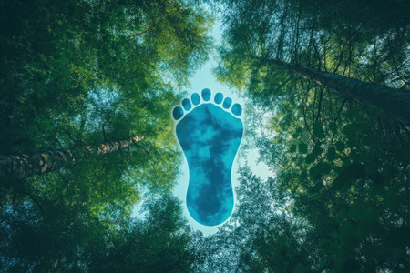 A blue silhouette of a human footprint in the forest, seen from below, with trees and sky visible above it. The artwork is designed to symbolize environmental impact or carbon footprint using only white lines on a green background. It should convey themes like sustainability, nature protection, and the use of organic materials. This design could be used for eco-friendly product packaging, marketing material, branding, advertising, and so on. --ar 3:2 --v 6.1 Job ID: 3b17c54d-9230-4e81-a4f7-fd3ace8b13d7の素材
