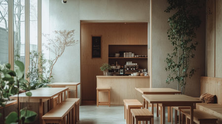 Modern cafe with a minimalist design and warm wooden furniture.  Plants are strategically placed throughout the space, and natural light illuminates the interior, creating a calm and inviting atmosphere. The space is arranged with simple tables and benches, providing comfortable seating for customers.の素材