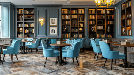 Stylish cafe interior showcases a warm and inviting ambiance.  Comfortable, tufted blue armchairs are strategically placed around small round tables.  Built-in bookshelves, filled with various books, add a touch of elegance to the space.  The overall design is modern yet classic, creating a sophisticated dining area.  Natural light enhances the stylish atmosphere.の素材