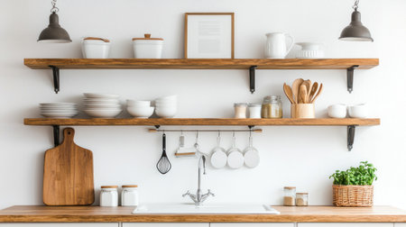 Modern kitchen design featuring wooden shelves, various kitchenware, and white tableware.  The kitchen is clean and organized.の素材