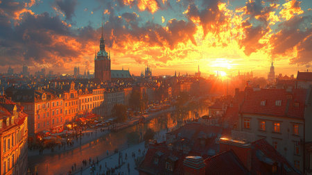 Panoramic photograph of Warsaw, Poland, viewed from above, featuring buildings, the city center, skyscrapers, sunshine, and a blue sky. Realistic, high-resolution photography. --chaos 30 --ar 16:9 --quality 2 --stylize 500 --v 6.1 Job ID: 1330dc42-0df9-4317-b3ee-648c76303838の素材