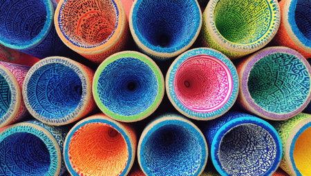 High-angle close-up view of a collection of colorful tubes, each with a unique patterned design. The tubes are stacked tightly together, creating a visually appealing and vibrant display. The patterns on the tubes are intricate and detailed, adding to the aesthetic appeal of the image. The tubes are various shades of vibrant colors, making them stand out against the natural light beige color of the tube's base.の素材