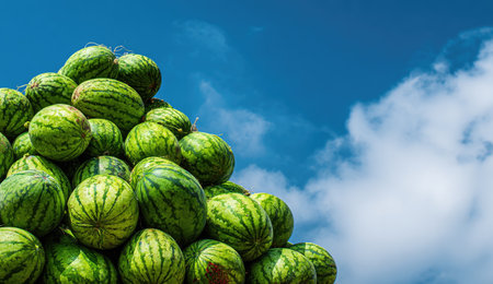 A large pile of fresh, green watermelons against a cloudy blue sky.の素材