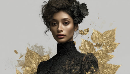 Glamorous  portrait of a woman wearing a black lace gown adorned with gold leaf-like accents and black flowers on her headpiece.  The image is a high-fashion portrait, highlighting the details of the gown, the woman's features, and the styling.の素材