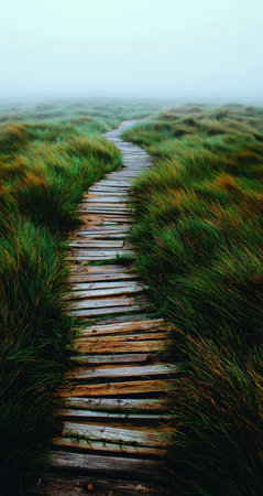 Weathered wooden walkway meanders through a field of tall, lush green grass, creating a picturesque path that disappears into a misty, hazy distance. The atmosphere is serene and inviting, highlighting the beauty of the natural world.の素材