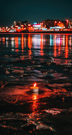 Candle flame sits on a patch of ice, reflecting the glowing lights of a city on the still, dark water. The ice and water reflect the vibrant colors of the city lights, creating a captivating night scene.の素材