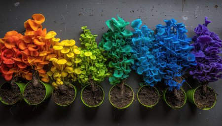 Captivating display of colorful mushrooms, each a different hue of the rainbow, arranged in small green pots. The roots and soil in the pots are visible. The arrangement creates a vibrant and artistic pattern, with each plant positioned to enhance the rainbow effect.の素材