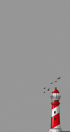 Stylized illustration of a lighthouse with red and white stripes, situated against a plain gray background.  Birds are shown in flight in the upper right quadrant of the image.の素材
