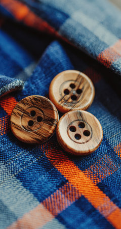 Three round, wooden buttons with four holes each, resting on the surface of a blue and orange plaid shirt. The buttons are a light brownish color and show natural wood grain. The shirt is in focus, and the buttons are in sharp focus.の素材