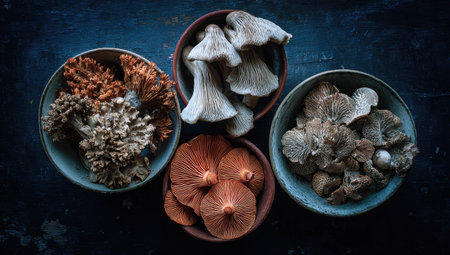Close-up of various types of dried mushrooms arranged in different rustic bowls, against a dark background.  The image focuses on the intricate textures and colors of the mushrooms.の素材