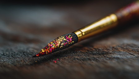 Close-up view of a paintbrush with its tip embellished with gold and red glitter. The brush lies on a dark wooden surface, and the focus is on the intricate details of the glitter design on the brush tip.の素材