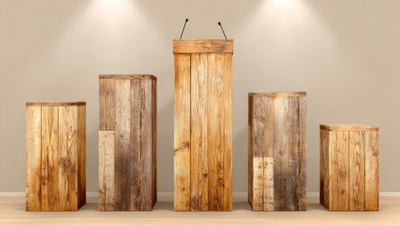 Collection of varying sized wooden display stands, crafted from reclaimed wood planks of different shades of brown and displaying a natural, rustic aesthetic.  These versatile stands are perfect for showcasing items at a presentation or exhibition, highlighting their unique appeal and natural aesthetic.の素材