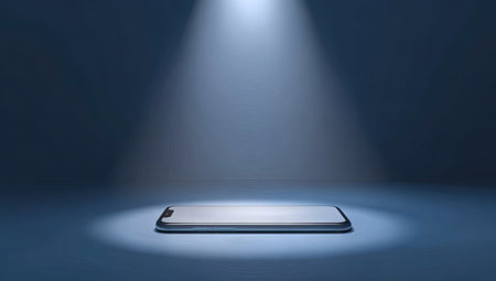 Modern smartphone with a blank screen is positioned on a dark  backdrop, illuminated by a spotlight from above. The image conveys a sleek, minimalist presentation of the device. The scene is designed for showcasing the phone's form factor and design elements.の素材