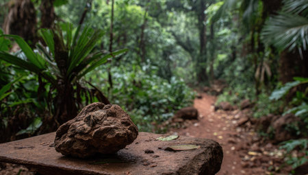 Large, dark brown rock sits on a flat, reddish-brown surface. The surface appears to be part of a path, which stretches into a dense jungle.  Green vegetation and foliage surround the path.の素材