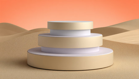 Three-tiered, circular podium, layered with cream and white tones, rests on a sandy desert background. The backdrop features undulating sand dunes with a gradient of light orange-pink hues in the upper portion.  The podium's circular layers are stacked in a graduated size, creating a visually appealing display platform.の素材