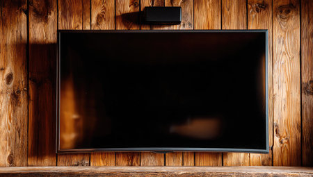 Flat-screen television with a dark screen is mounted on a wooden wall.  The wood has horizontal planks and various tones of brown.の素材