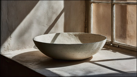 Light-beige, textured bowl sits on a windowsill, bathed in natural light, casting distinct shadows. The background displays a light beige wall and a window with a muted-toned pane.の素材