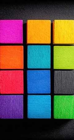 Collection of colorful wooden blocks arranged in a grid pattern against a dark background.  The blocks exhibit various shades of vibrant colors.の素材