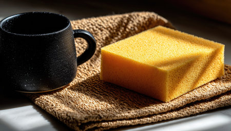 Close-up image of a yellow cleaning sponge and a dark-colored mug placed on a textured cloth.  The sponge and mug are positioned on a light-colored surface.  Natural light creates soft shadows on the objects and cloth.の素材