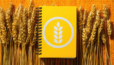 Yellow notebook, featuring a white wheat symbol, sits amidst a cluster of dried wheat stalks on a textured orange background. The image displays a detailed arrangement of wheat stalks and the notebook in a top view.の素材