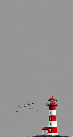 Red and white striped lighthouse is prominently featured against a light gray backdrop. A flock of birds soars in the upper portion of the image. The lighthouse stands on a small, implied coastal landmass, adding to the tranquil ambiance of the scene.の素材